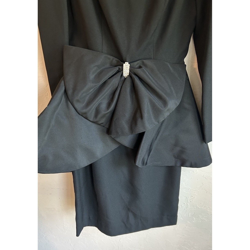 Vintage 80s Huey Waltzer For Darcy Black Peplum Bow Midi Dress 6 Party Glam - Picture 4 of 11